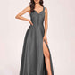 Satin V-neck A-line Prom Dresses Side slit Floor Length