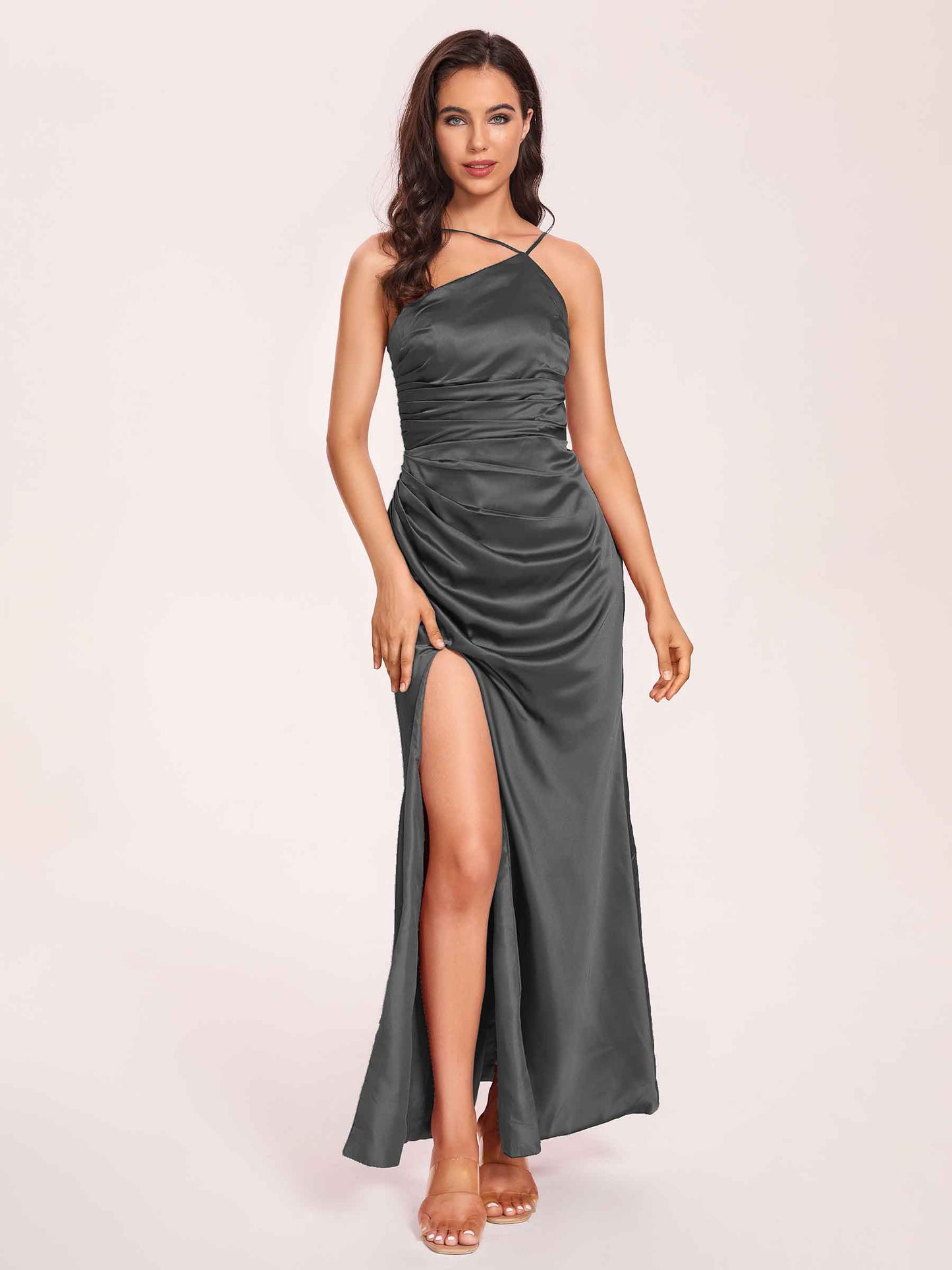 Satin Halter Pleats Sheath Bridesmaid Dresses Side-Slit Floor Length Sleeveless