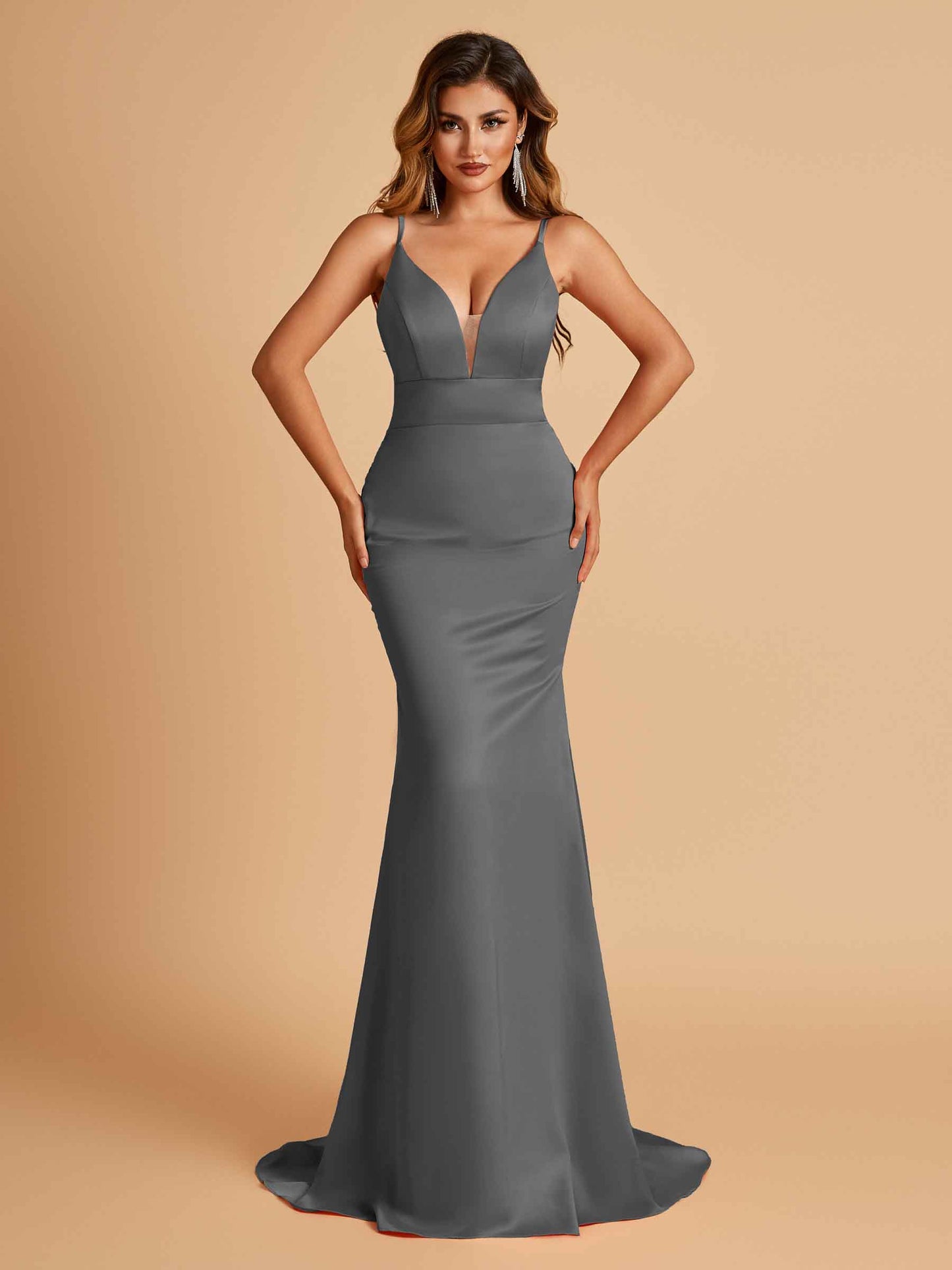 Satin Deep V-neck Mermaid Bridesmaid Dresses Open Back Floor Length