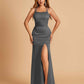 Satin Mermaid Long Prom Dresses Spaghetti Straps Scoop Side Slit Criss-cross Back