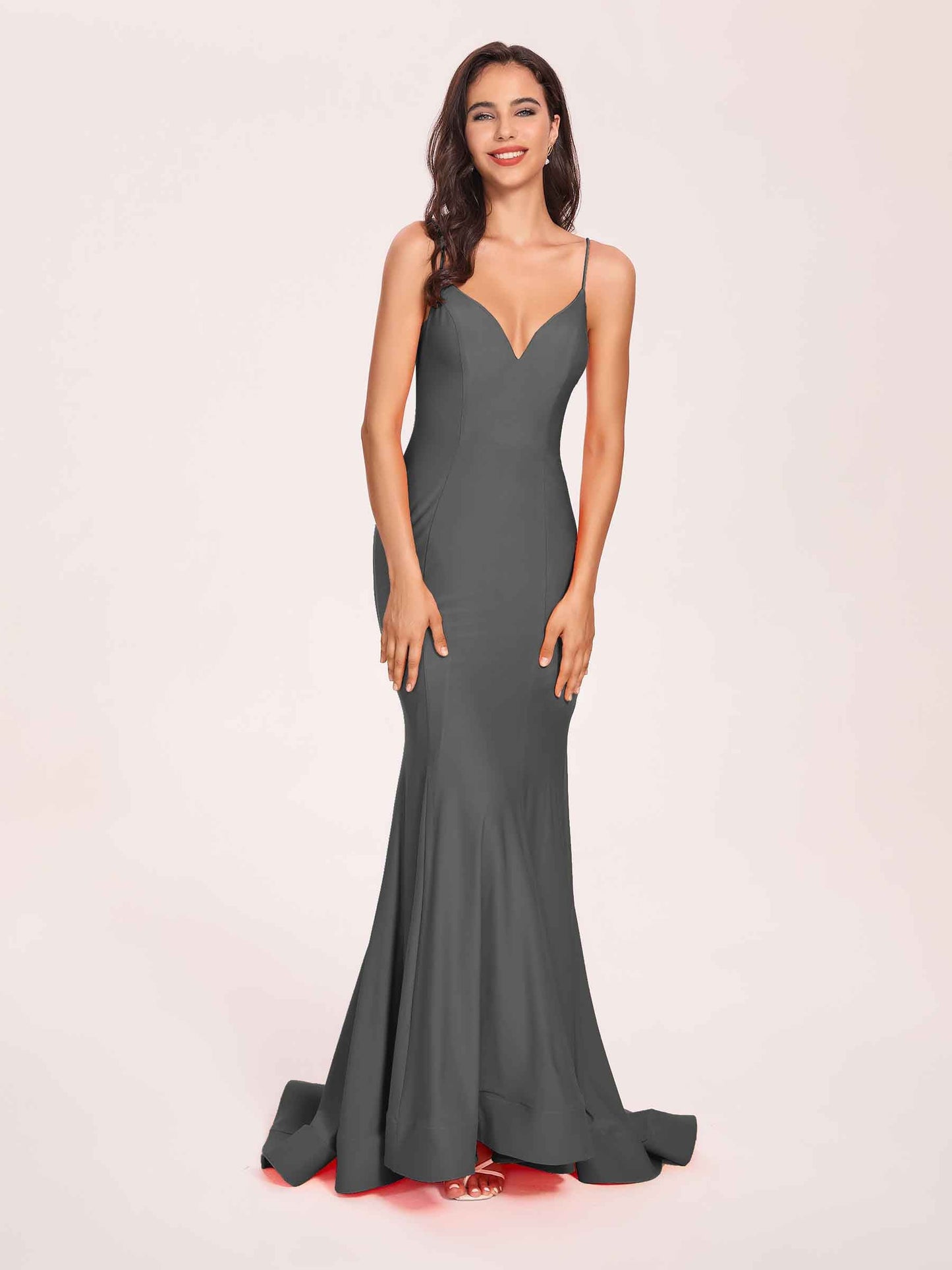 Sexy Satin Mermaid Prom Dresses Spaghetti Straps V-neck Floor Length Lace-up Back