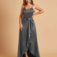 Satin Asymmetric V-neck Bridesmaid Dresses Sleeveless Side Slit A-line Unique For Sale