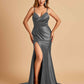 Satin Mermaid V-neck Bridesmaid Dresses Spaghetti Straps Side Slit Floor Length