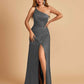 Satin One Shoulder Sheath Prom Dresses Spaghetti Straps Side Slit Floor Length
