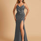 Sexy Satin Sheath Bridesmaid Dresses Spaghetti Straps V-neck Side Slit Floor Length
