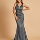 Sexy Satin Criss-cross Back Prom Dresses Mermaid Deep V-neck Back Pleats Floor Length