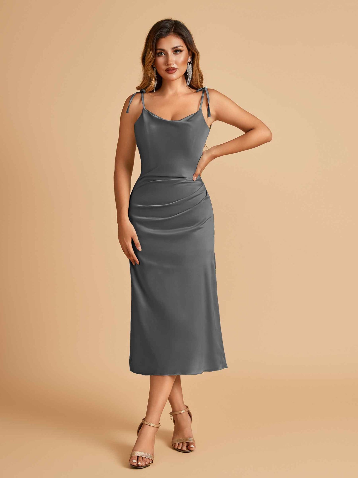 Sexy Satin Midi Bridesmaid Dresses Spaghetti Straps Slip Scoop Side Slit
