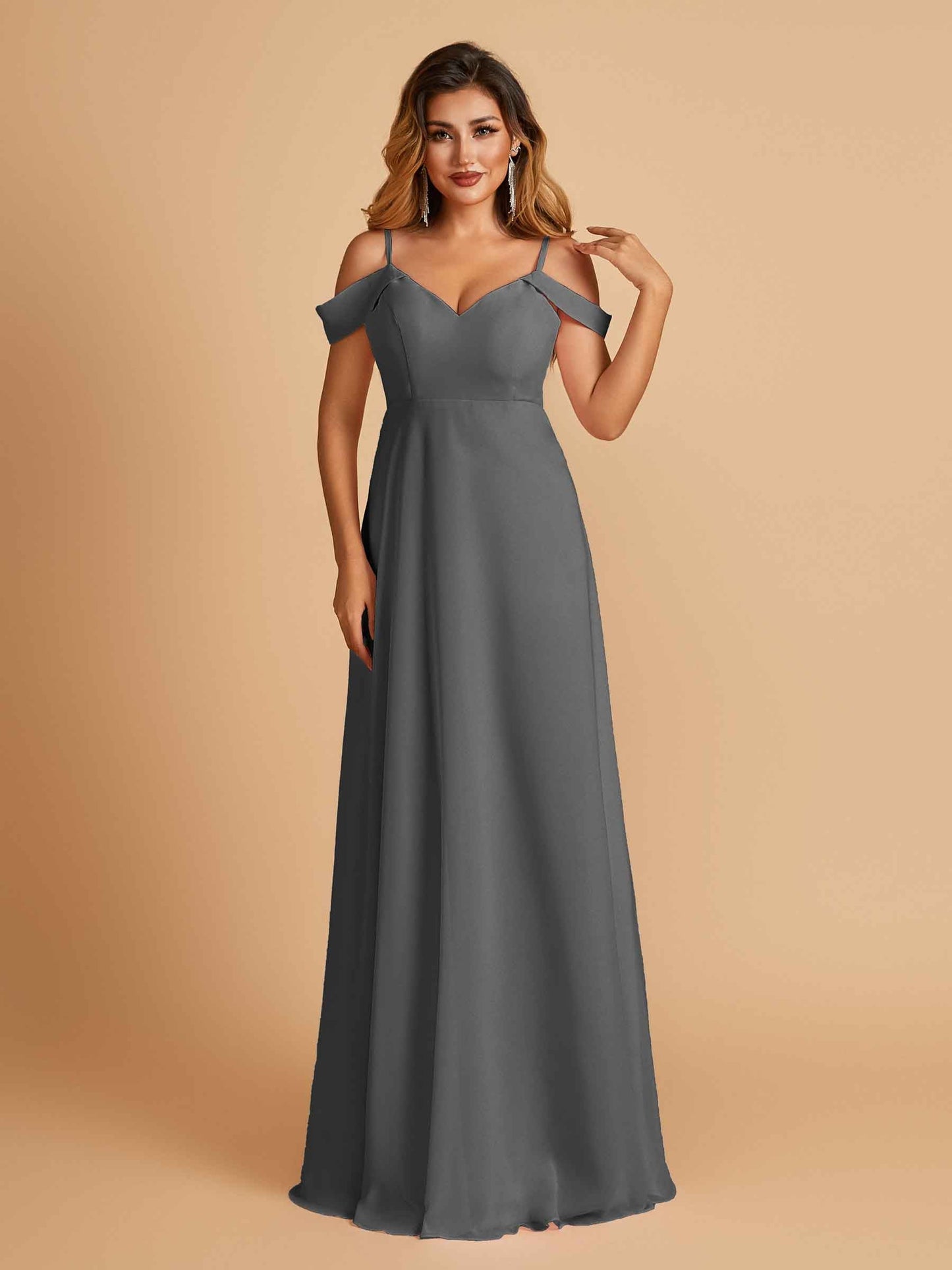 Chiffon Off-shoulder Long Bridesmaid Dresses V-neck Floor Length A-line For Sale