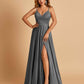 Satin A-line Long Prom Dresses Spaghetti Straps V-neck Side Slit Floor Length