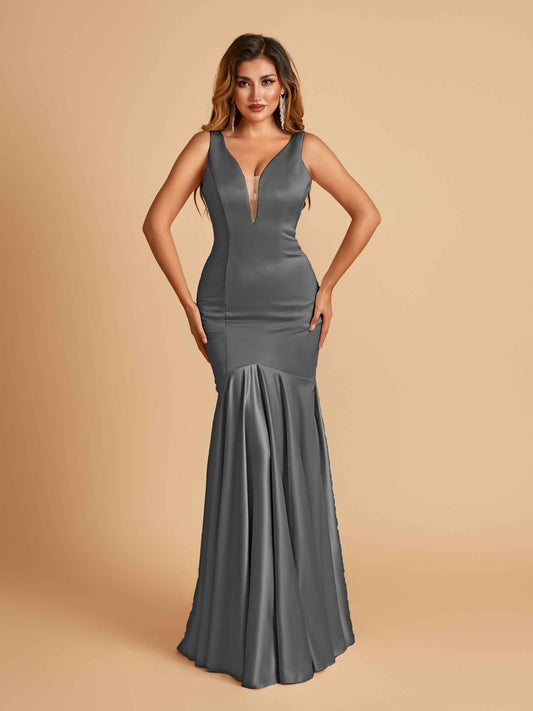 Satin Deep V-neck Mermaid Bridesmaid Dresses Half Open Back Floor Length