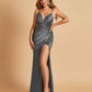 Sexy Satin Spaghetti Straps Prom Dresses V-neck Side Slit Pleats Floor Length Sheath