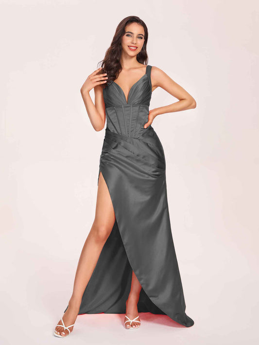 Satin Spaghetti Straps Corset Bridesmaid Dresses Pleats Side-Slit Sheath Floor Length