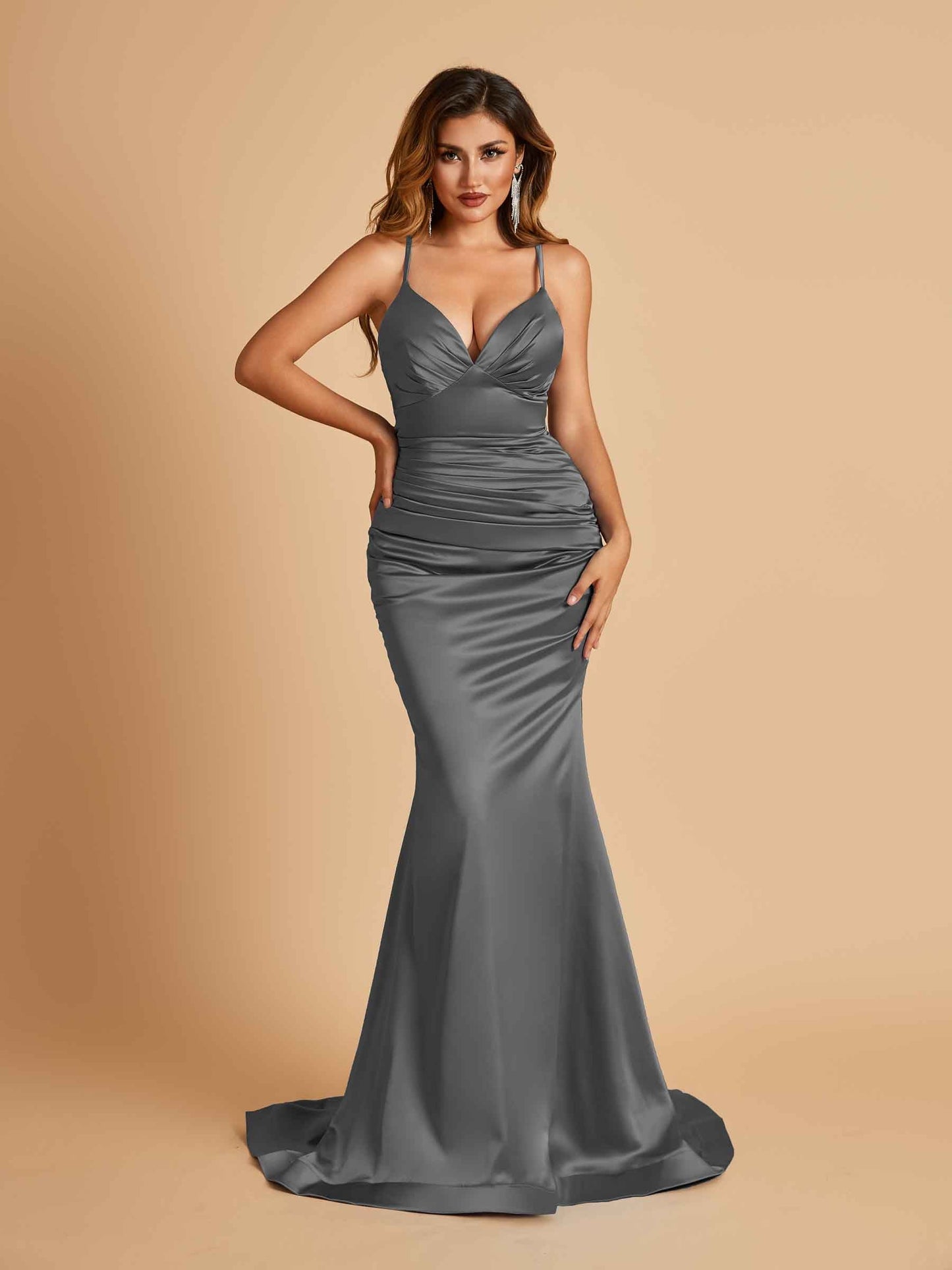 Satin Mermaid V-neck Prom Dresses Spaghetti Straps Floor Length