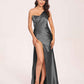Sexy Satin One-shoulder Bridesmaid Dresses Side Slit Sheath Floor Length Long