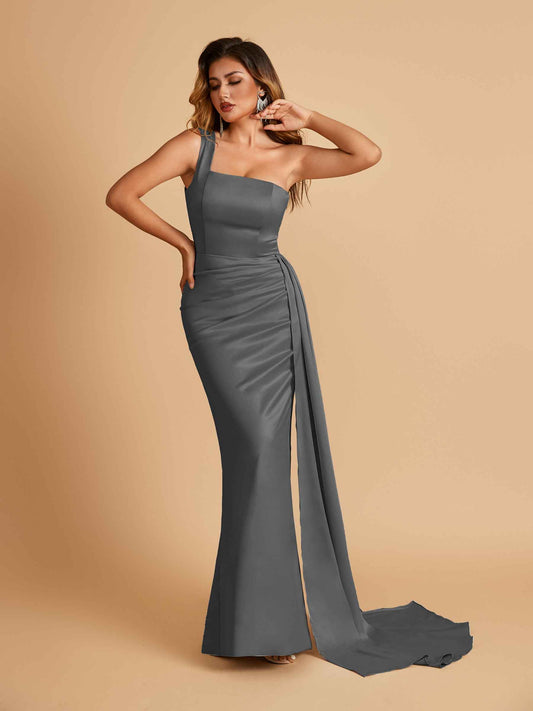 Sexy Satin One Shoulder Mermaid Bridesmaid Dresses Pleats Floor Length