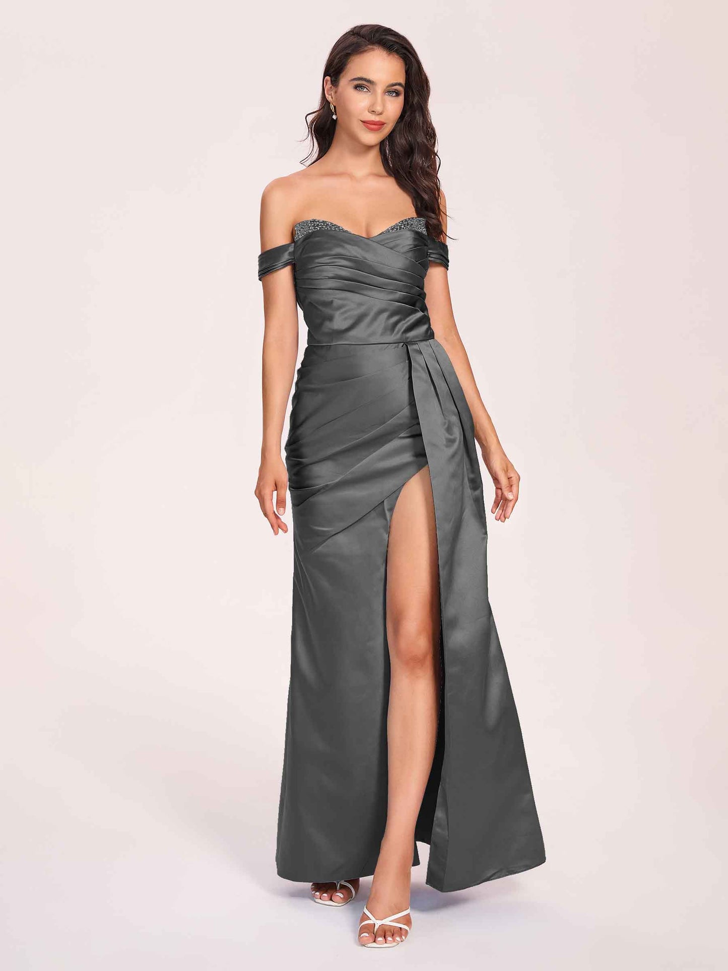 Elegant Satin Off Shoulder Bridesmaid Dresses Side-slit Sweetheart Floor Length Sheath