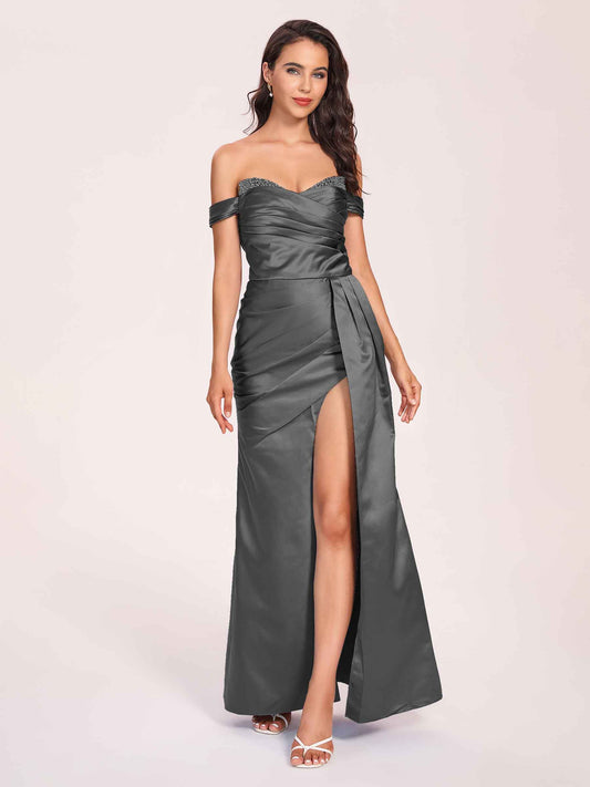 Elegant Satin Off Shoulder Bridesmaid Dresses Side-slit Sweetheart Floor Length Sheath