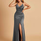 Sexy Satin Sheath Prom Dresses Spaghetti Straps V-neck Side Slit Pleats Floor Length