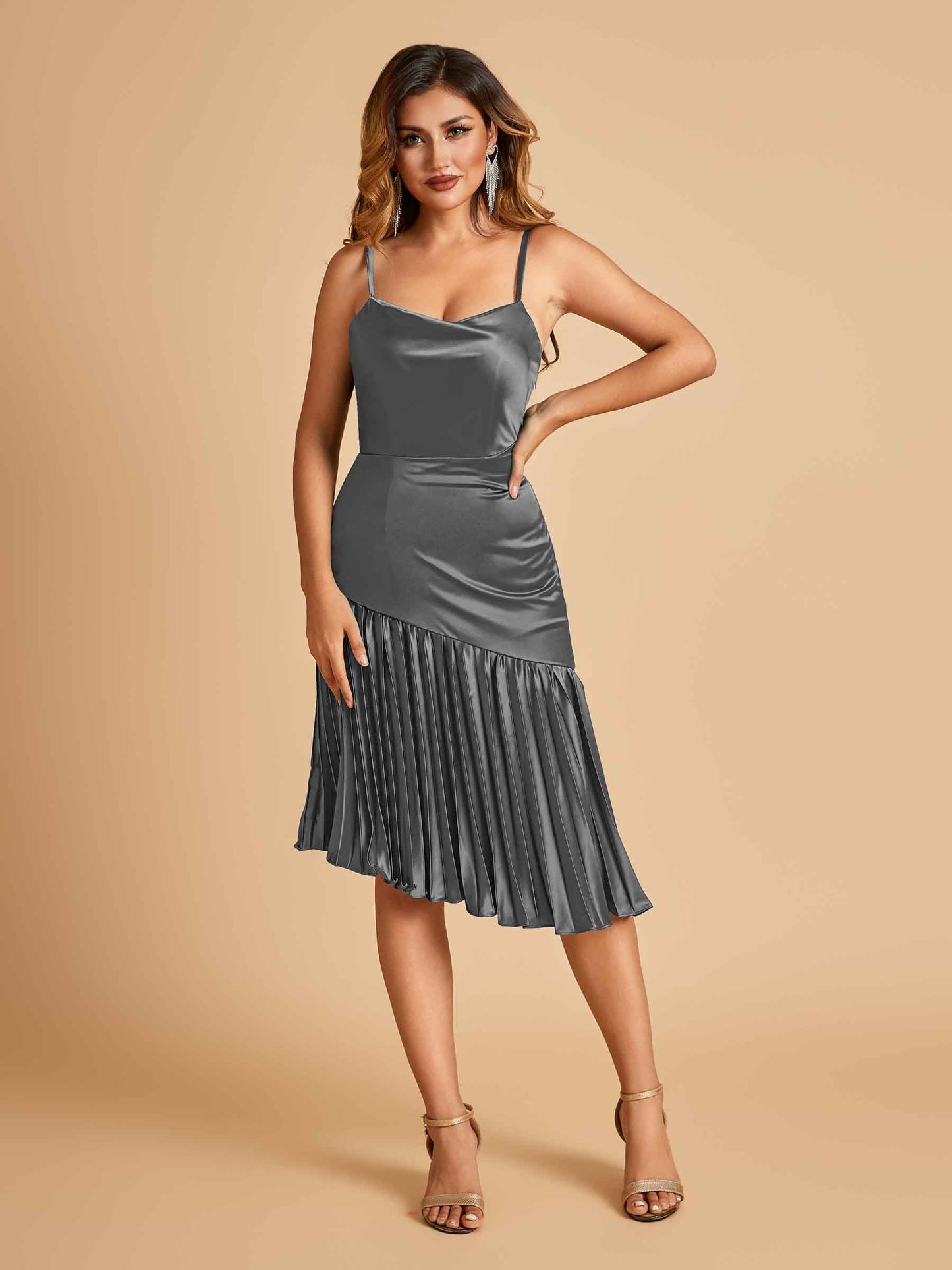 Sexy Satin Midi Asymmetrical Prom Dresses Spaghetti Straps Mermaid With Ruffles