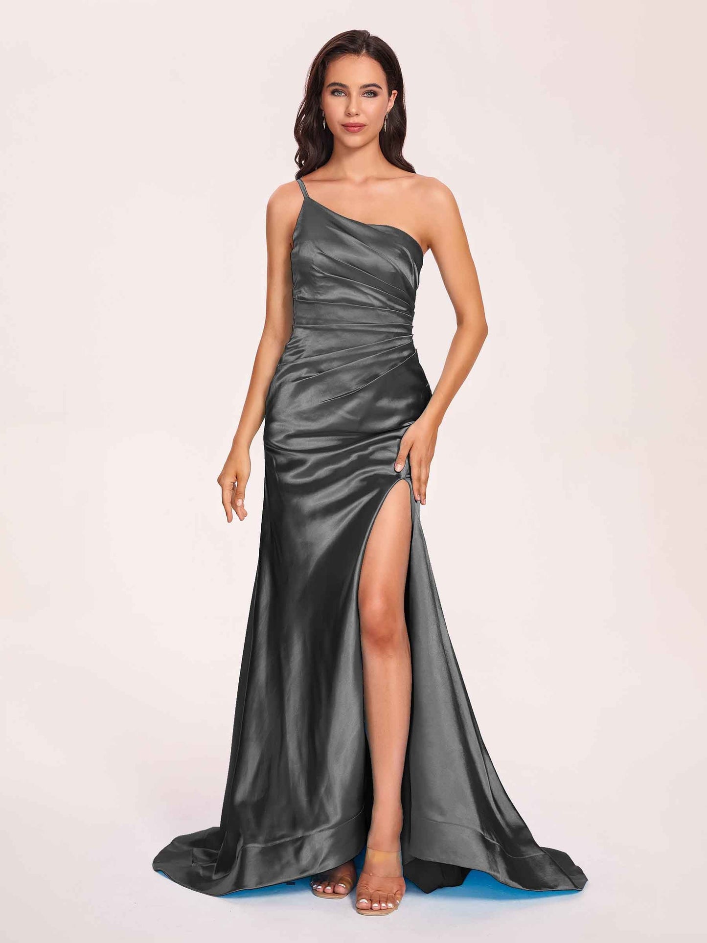 Satin One-shoulder Mermaid Prom Dresses Side Slit Pleats Floor Length