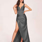 Satin Spaghetti Straps Corset Prom Dresses Pleats Side-Slit Sheath Floor Length