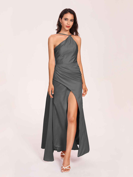 Sexy Satin Halter Strap Sheath Bridesmaid Dresses Side Slit Pleats Floor Length