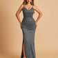 Satin Mermaid Long Prom Dresses Spaghetti Straps V-neck Side Slit Floor Length