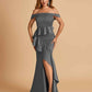 Satin Mermaid Off Shoulder Bridesmaid Dresses With Ruffles Side Slit Floor Length