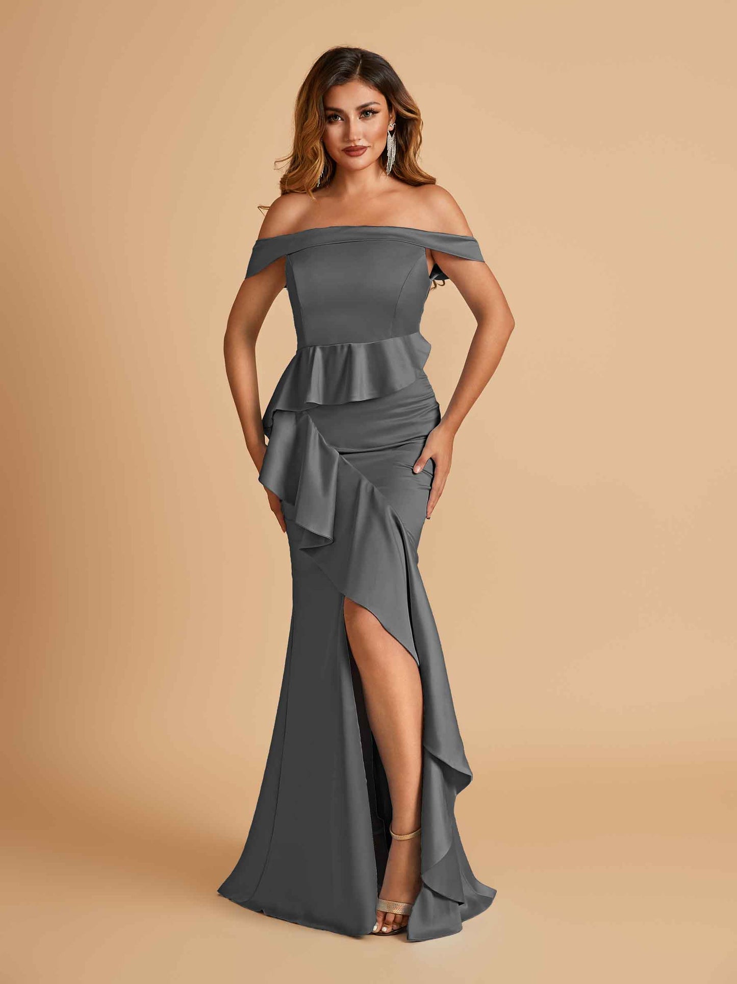 Satin Mermaid Off Shoulder Bridesmaid Dresses With Ruffles Side Slit Floor Length