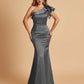 Satin One-shoulder Bridesmaid Dresses Ruffle Sleeves Mermaid Floor Length For Sale