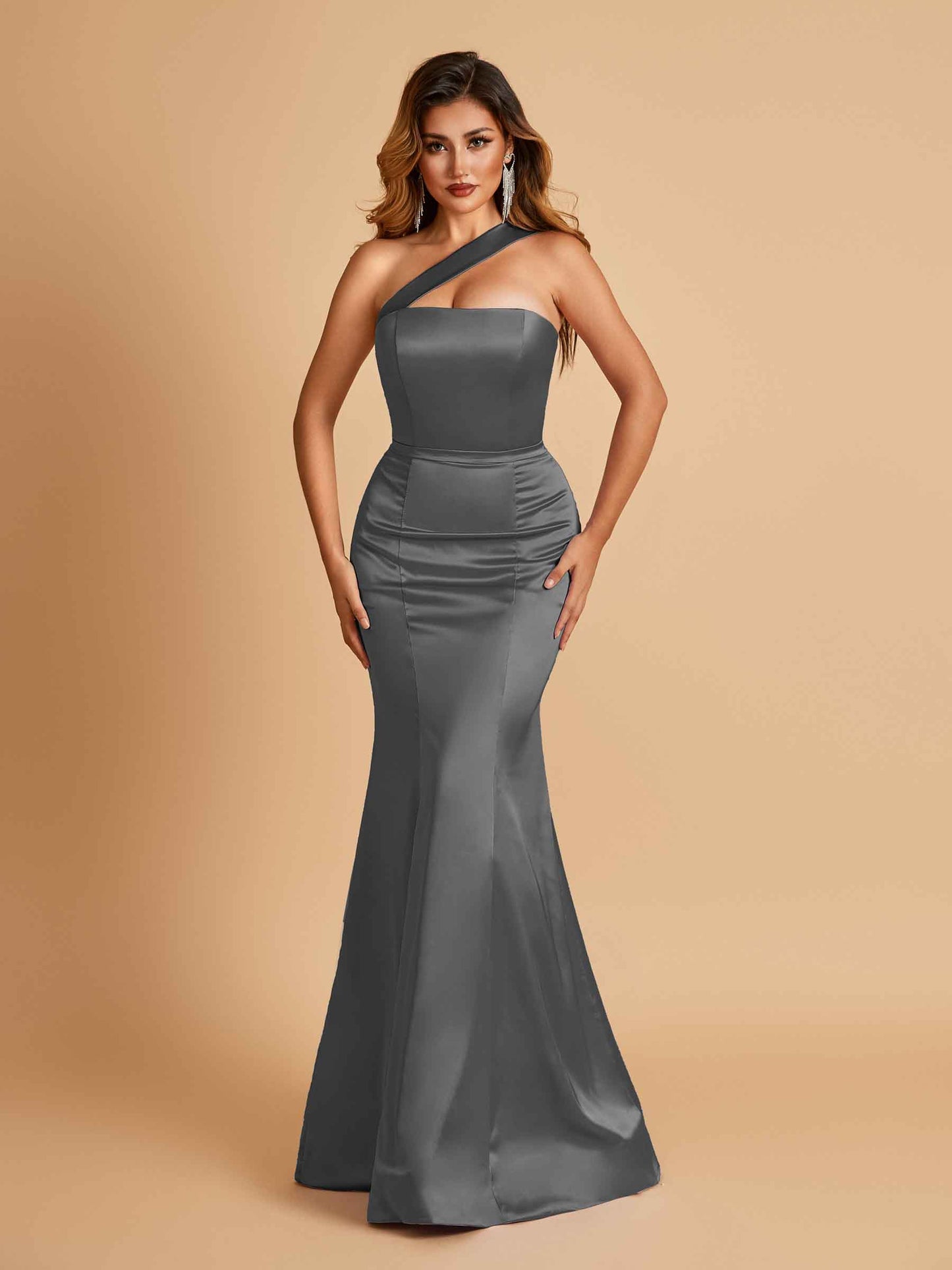 Sexy Satin Mermaid Bridesmaid Dresses One Shoulder Floor Length