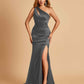 Sexy Satin Key Hole Bridesmaid Dresses One Shoulder Key Hole Floor Length Sheath For Sale