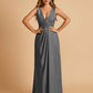 Sexy Satin Deep V-neck Long Bridesmaid Dresses A-line Pleats Sleeveless Floor Length