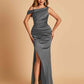 Unique Satin One Shoulder Prom Dresses Side Slit Half Open Back Floor Length