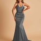 Sexy Satin Mermaid Prom Dresses Spaghetti Straps V-neck Pleats Floor Length