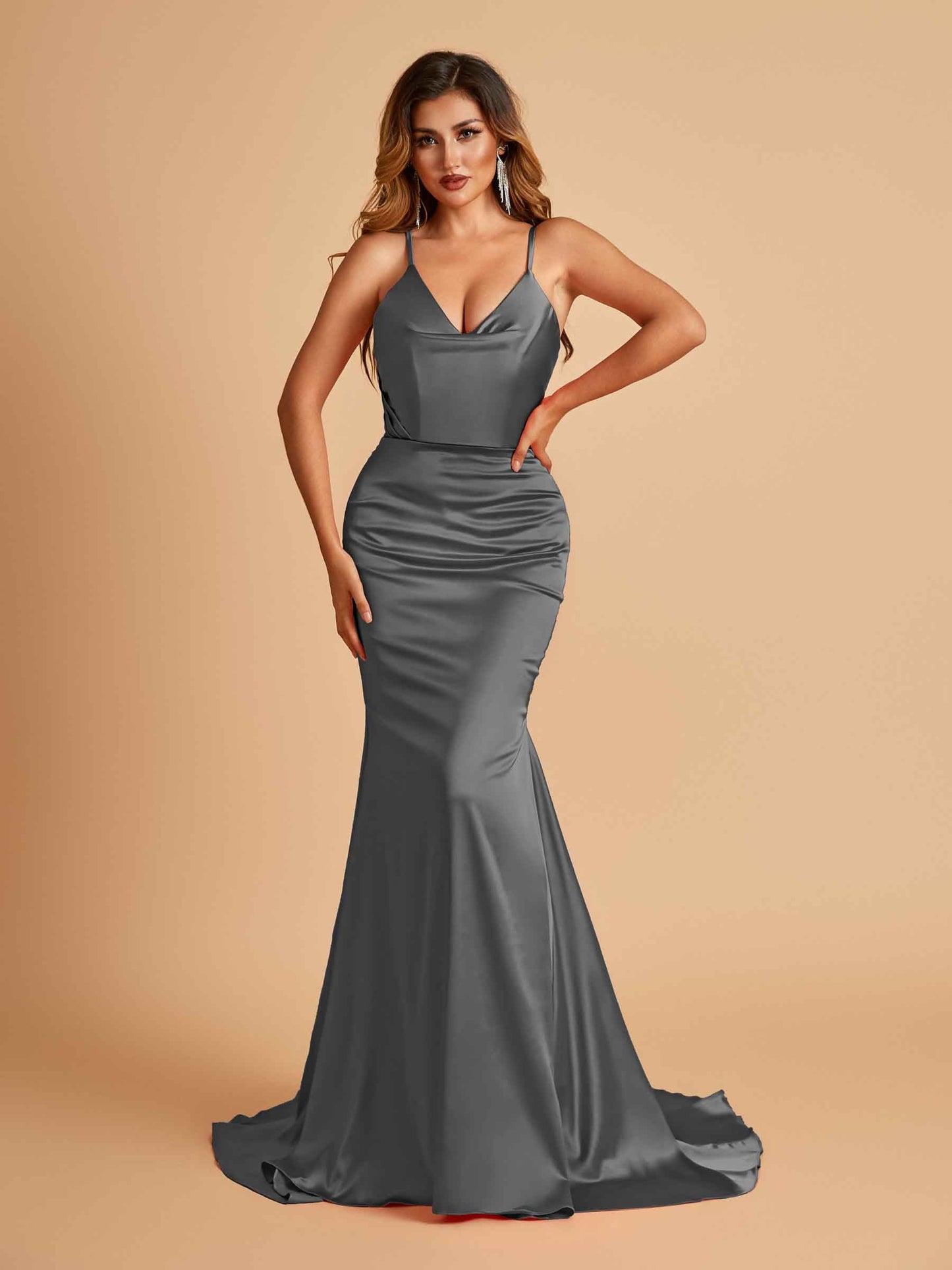 Sexy Satin Mermaid Prom Dresses Spaghetti Straps V-neck Pleats Floor Length