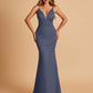 Satin Deep V-neck Mermaid Prom Dresses Open Back Floor Length