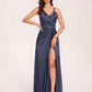 Sexy Satin A-line Prom Dresses Spaghetti Straps Side Slit V-neck Floor Length