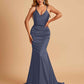 Sexy Satin Mermaid Prom Dresses Spaghetti Straps V-neck Pleats Floor Length