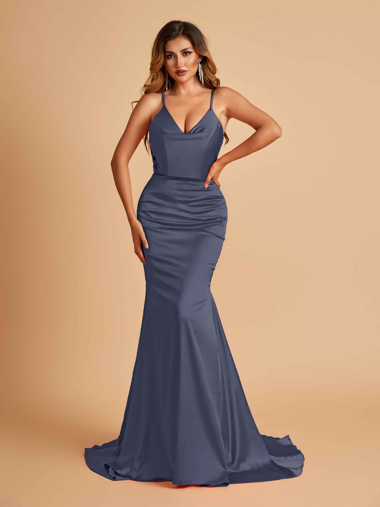 Sexy Satin Mermaid Prom Dresses Spaghetti Straps V-neck Pleats Floor Length