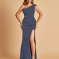 Satin One-shoulder Bridesmaid Dresses Mermaid Side Slit Sleeveless Floor Length