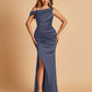 Unique Satin One Shoulder Prom Dresses Side Slit Half Open Back Floor Length