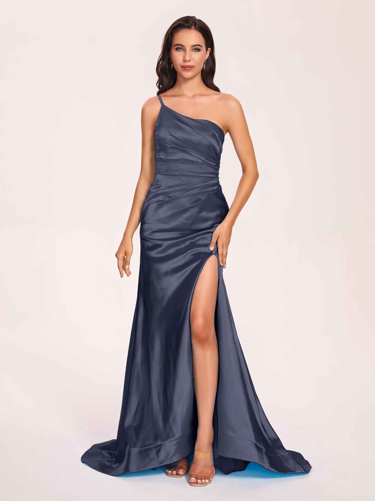 Satin One-shoulder Mermaid Bridesmaid Dresses Side Slit Pleats Floor Length