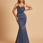 Satin Mermaid Open Back Bridesmaid Dresses Spaghetti Straps Scoop Floor Length