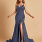 Sexy Satin Mermaid Open Back Prom Dresses Spaghetti Straps V-neck Side Slit