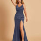 Sexy Satin Mermaid Prom Dresses Spaghetti Straps V-neck Side Slit Half Open Back