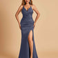 Sexy Satin Mermaid Long Prom Dresses Spaghetti Straps Sweetheart Side Slit Criss-cross Back