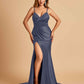 Satin Mermaid V-neck Prom Dresses Spaghetti Straps Side Slit Floor Length