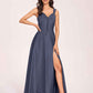 Satin V-neck A-line Prom Dresses Side slit Floor Length