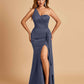 Satin One Shoulder Mermaid Prom Dresses Side Slit Floor Length